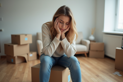 Femme fatiguée assise sur des cartons dans un appartement