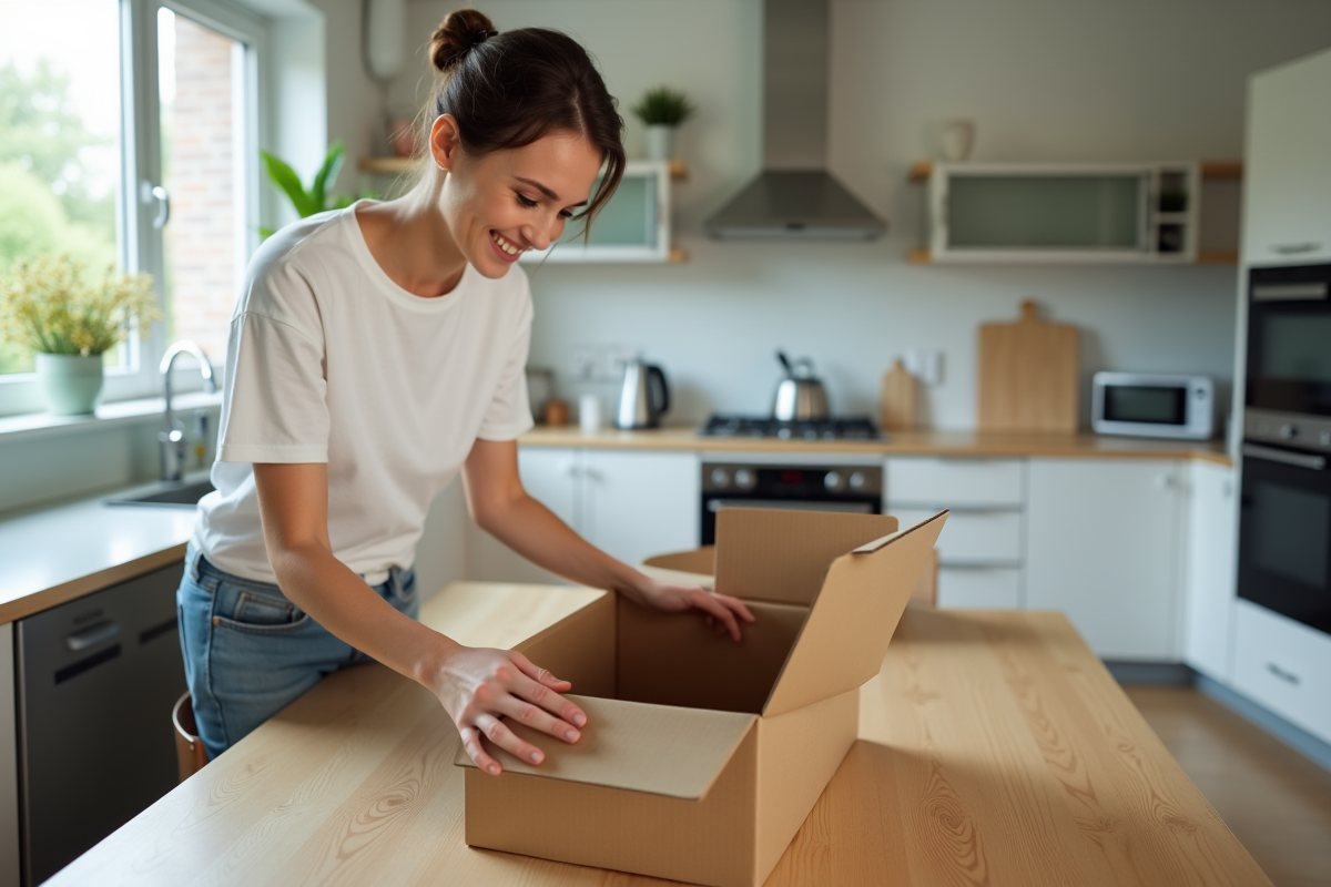 Jeune femme assemble une boîte en carton à la maison