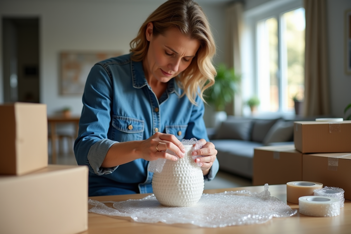 Femme en denim emballant une porcelaine avec soin