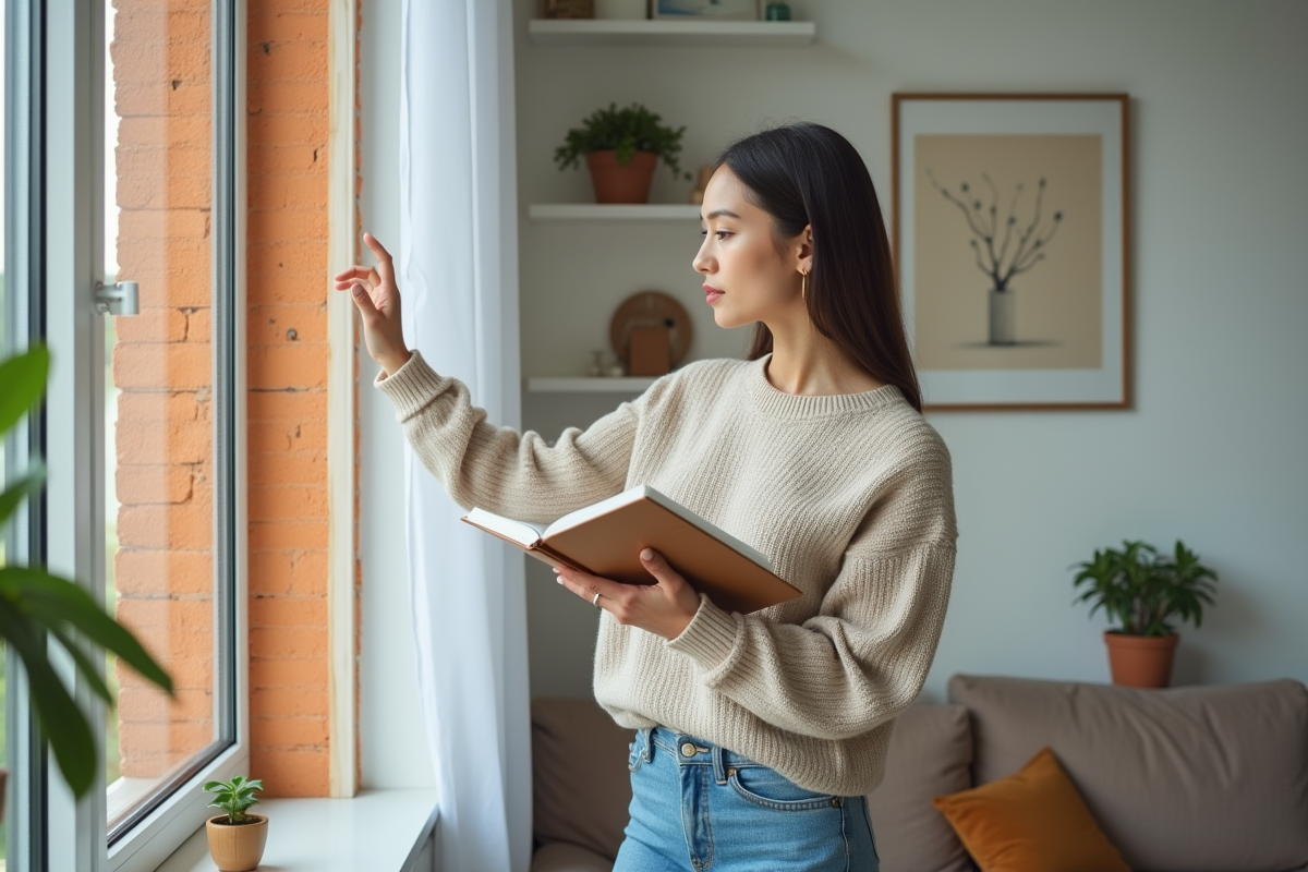 Jeune femme dans un appartement touchant un mur isolé