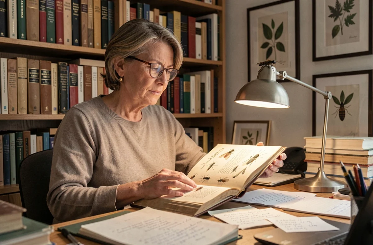 Femme étudiant un livre sur l'entomologie et les croyances populaires avec une mouche posée sur son bureau