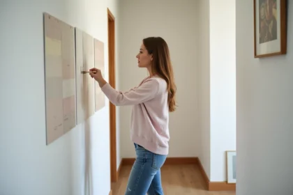 Femme examine echantillons de peinture dans un couloir moderne
