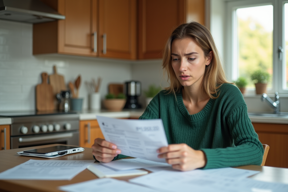 Jeune femme vérifiant ses factures dans la cuisine