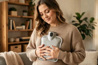 Femme tenant une gourde chauffante électrique contre son ventre dans un salon cosy, idéale pour choisir sa première bouillotte chauffante