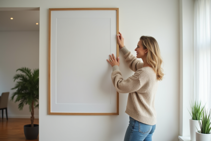 Femme accrochant une grande œuvre d'art dans un salon moderne