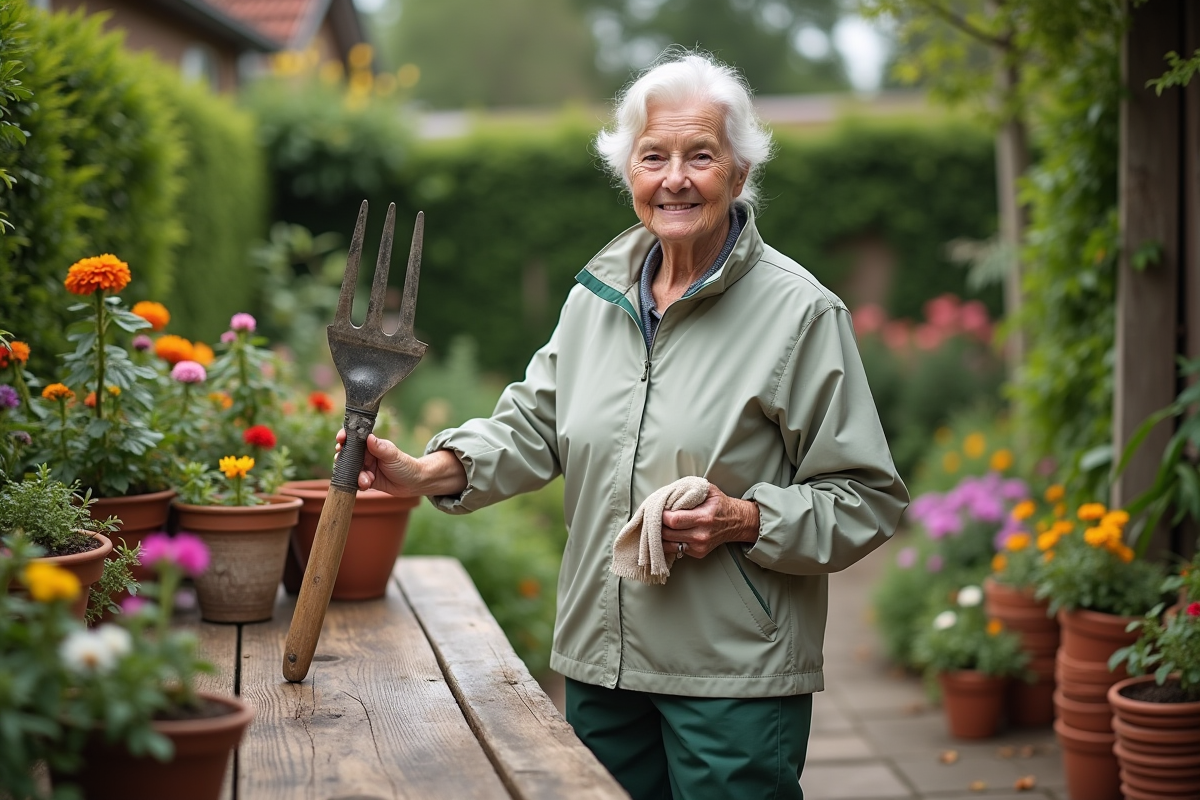 Femme âgée nettoyant une fourche de jardin