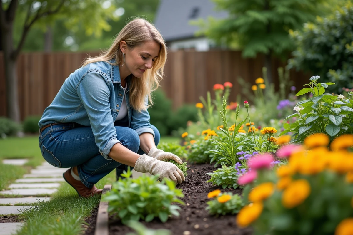 Femme en jardinage arrangeant des fleurs dans un jardin