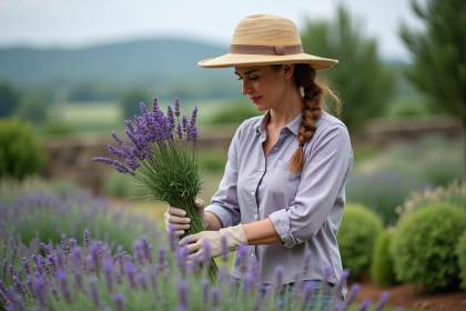 Femme en chapeau de paille et gants taillant la lavande