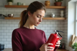 Femme lisant attentivement l'étiquette d'un extincteur rouge dans une cuisine moderne