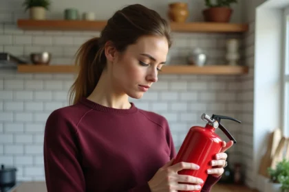 Femme lisant attentivement l'étiquette d'un extincteur rouge dans une cuisine moderne