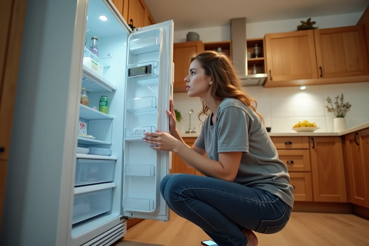Femme consultant l'étiquette technique d'un réfrigérateur avant une tentative de recharge de gaz à domicile