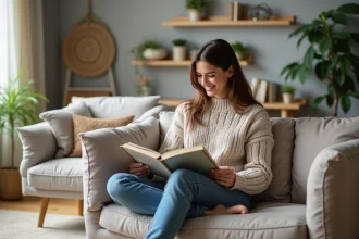 Femme lisant un magazine dans un salon accueillant
