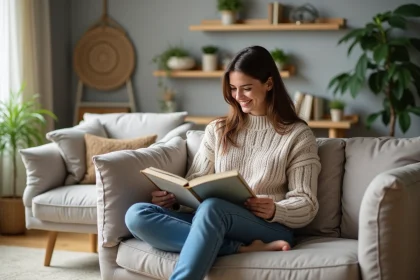 Femme lisant un magazine dans un salon accueillant