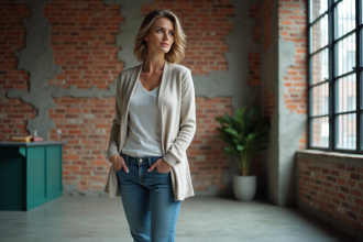 Femme en cardigan dans un loft urbain moderne
