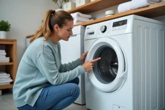 Femme examinant le logo essorage d'une machine à laver Valberg en panne dans une buanderie moderne
