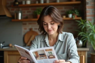Femme parcourant un magazine de bricolage papier à une table en bois dans une cuisine chaleureuse