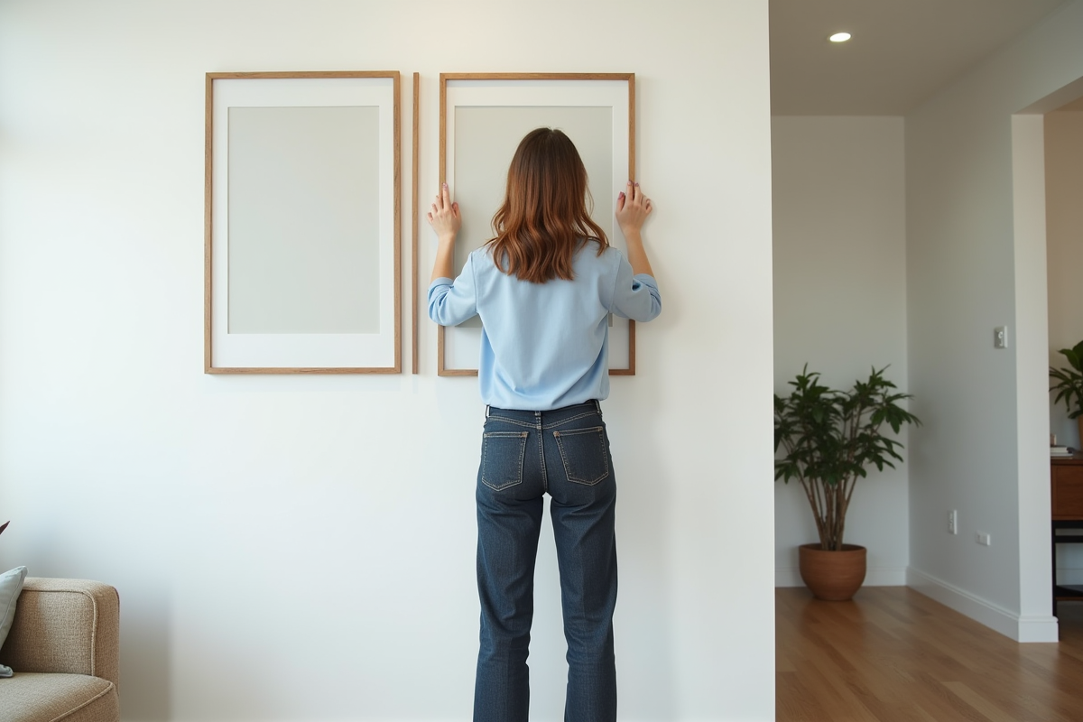 Femme en blouse bleue mesure un espace mural moderne