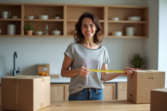 Femme mesurant un carton dans une cuisine moderne