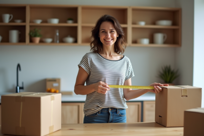 Femme mesurant un carton dans une cuisine moderne