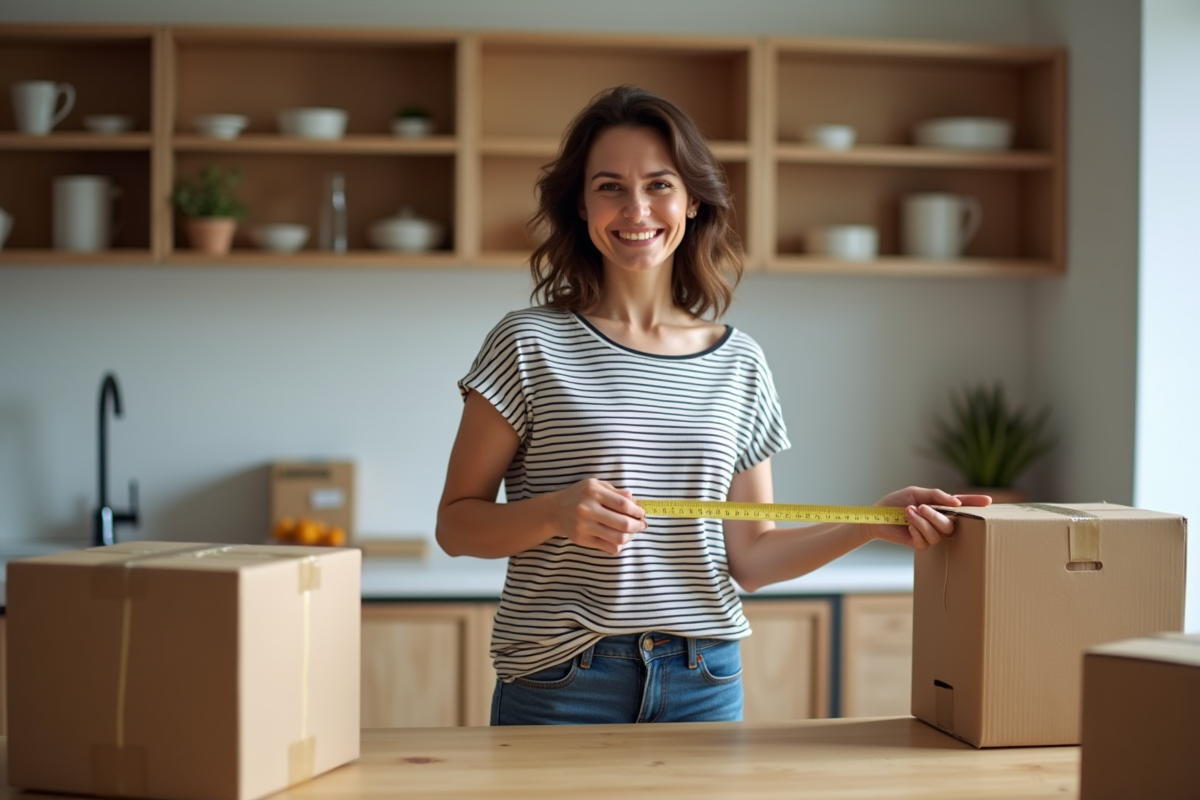 Femme mesurant un carton dans une cuisine moderne