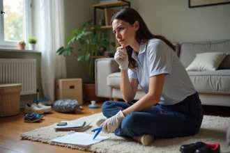 Femme préoccupée vérifiant une liste de nettoyage dans un salon en désordre