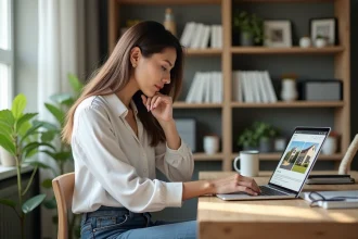 Femme en bureau moderne compare annonces immobilières