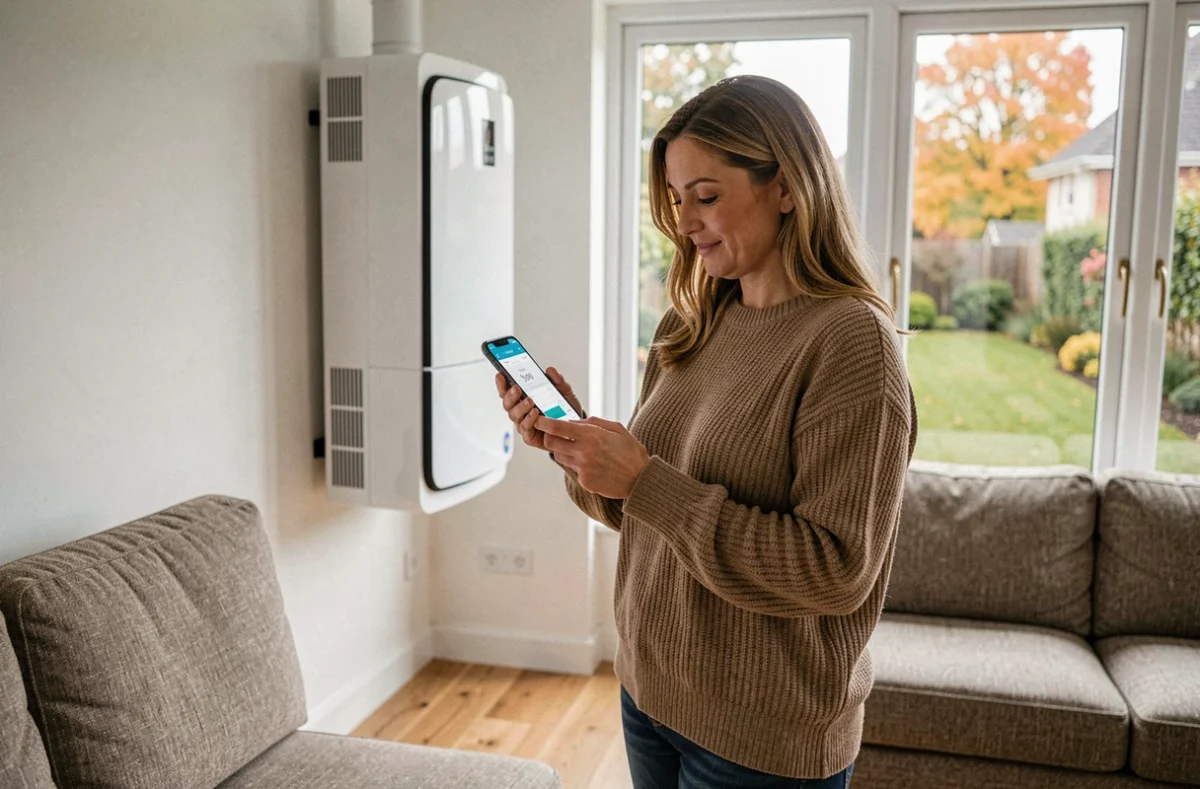 Femme consultant une application de consommation énergétique à côté d'une pompe à chaleur intérieure dans un salon