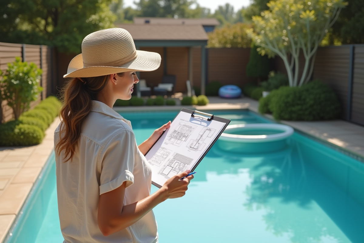 Femme avec plan et crayon devant un projet de piscine