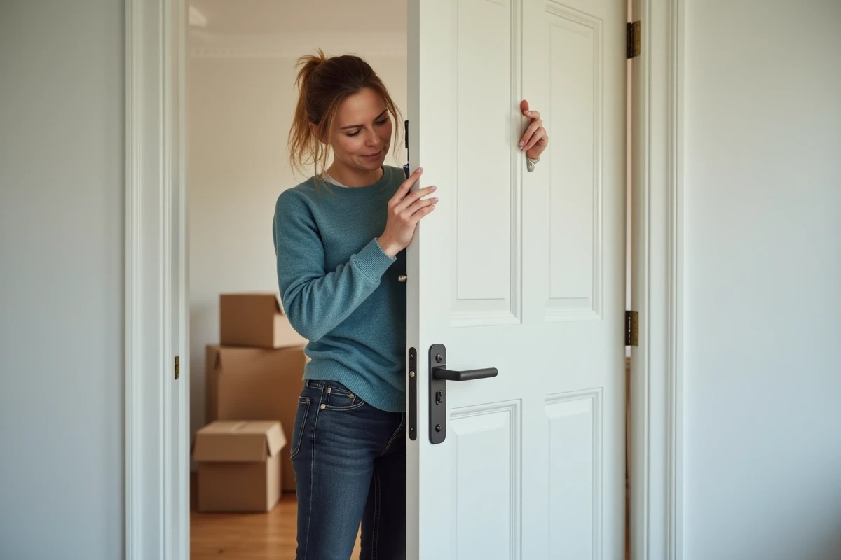 Femme réglant un gond de porte sans vis avec un tournevis dans un appartement en cours de rénovation