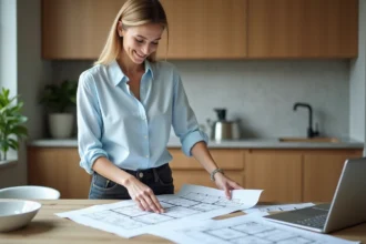Femme en intérieur moderne examinant un plan de renovation maison