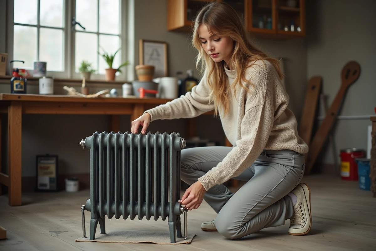 Jeune femme utilisant une clé pour fixer un radiateur dans un atelier lumineux
