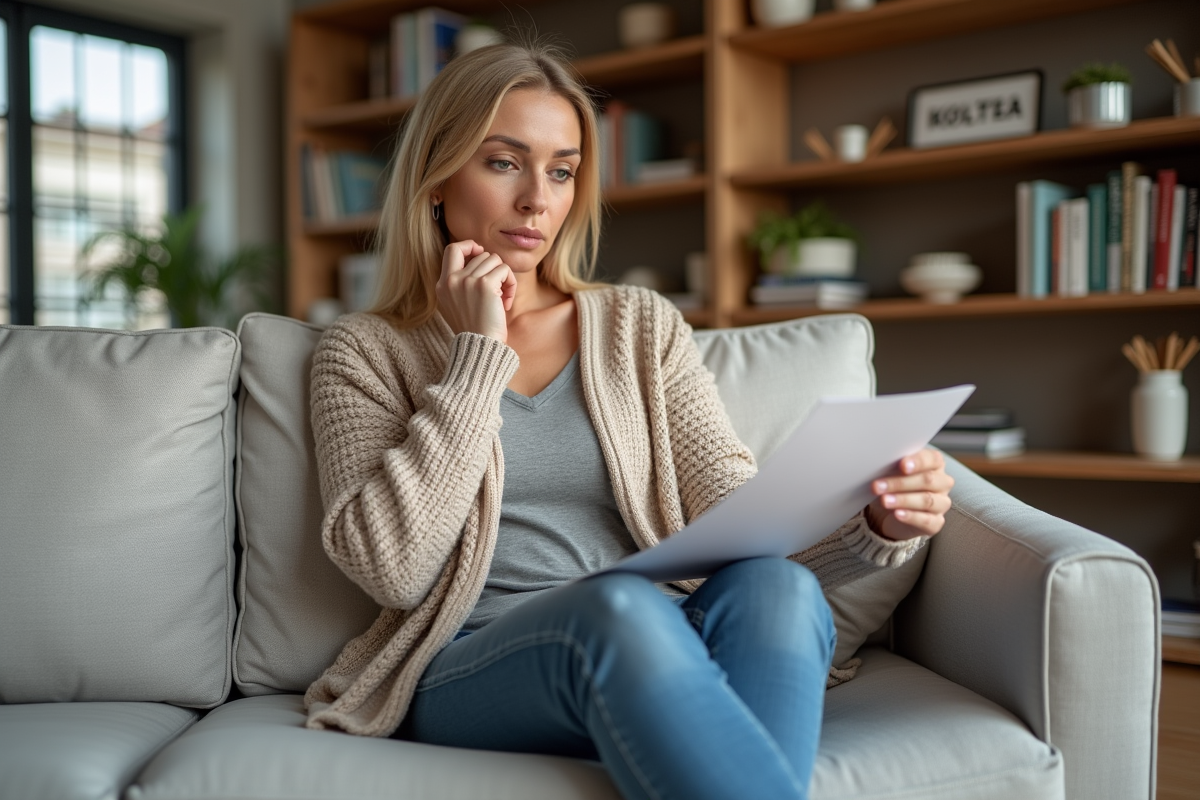 Femme d'âge moyen dans un salon moderne en train de comparer des prix