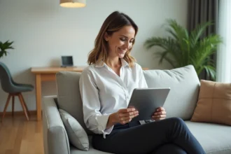 Femme d'âge moyen avec tablette dans un salon moderne