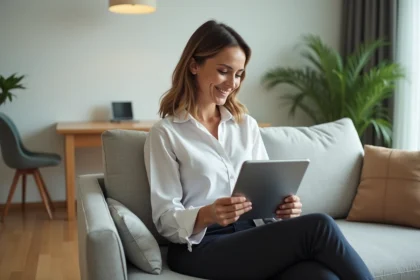 Femme d'âge moyen avec tablette dans un salon moderne