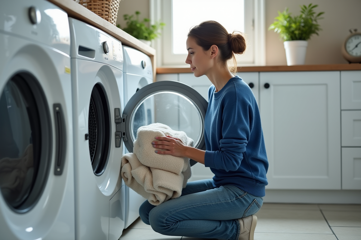 Femme d'âge moyen manipulant un sèche-linge moderne dans la buanderie