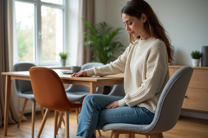 Femme en sweater testant le confort d'une chaise à dîner