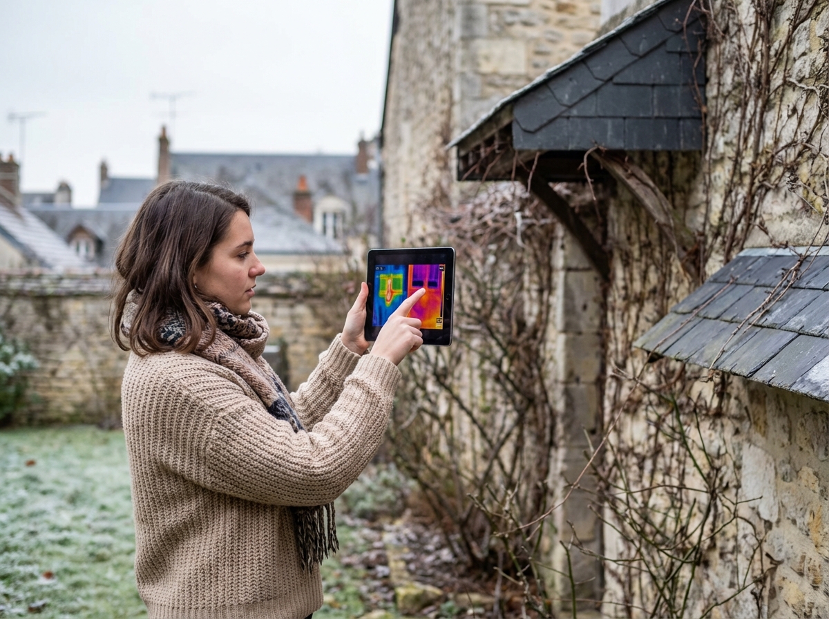 Jeune femme vérifiant un scan thermique avec une tablette dans la cour