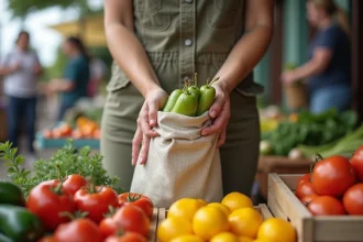 Femme déposant des légumes dans un sac réutilisable au marché