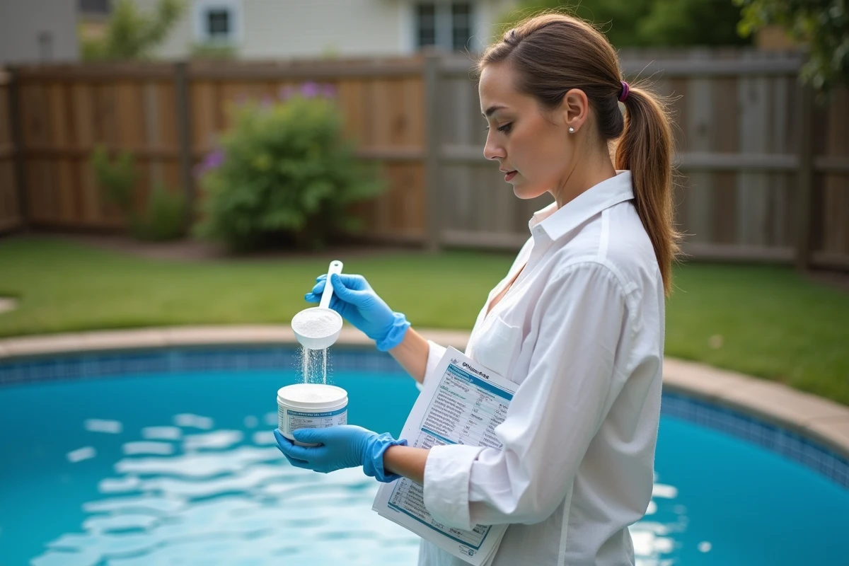 Femme versant du chlore choc dans une piscine hors-sol avec gants de protection et fiche de dosage