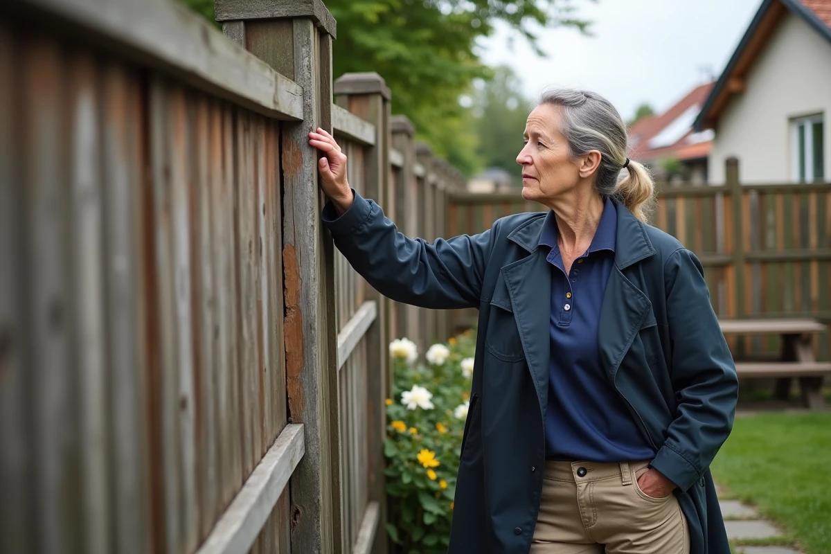 Femme examinant une clôture en bois vieillie dans le jardin