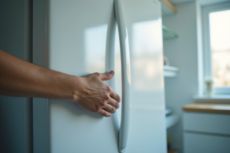 Main fermant la porte du congélateur dans une cuisine lumineuse