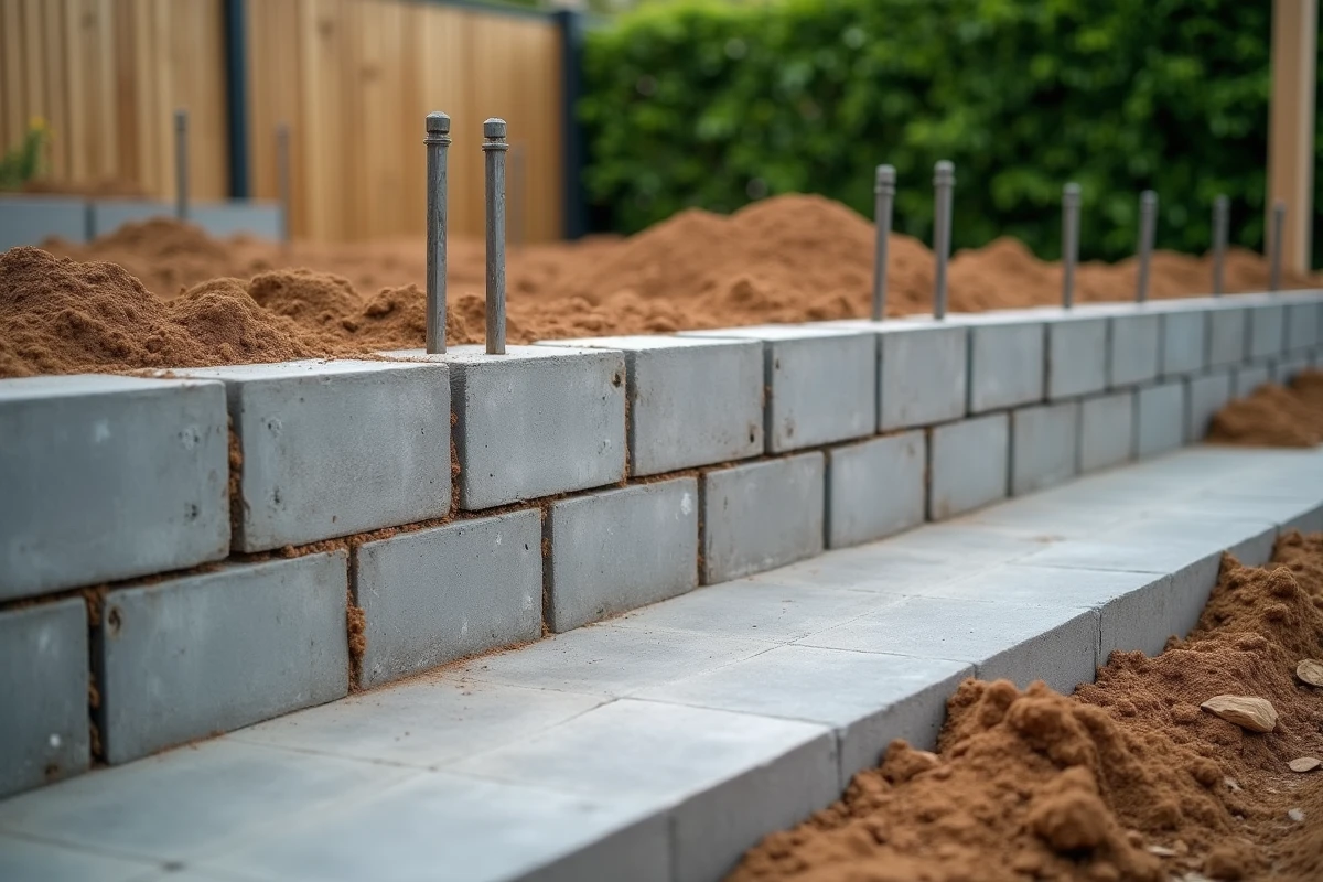 Fondation en béton avec parpaings et ferraillage pour un mur de clôture résidentiel