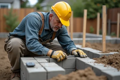 Ouvrier posant des parpaings pour une fondation de mur de clôture dans un jardin suburban