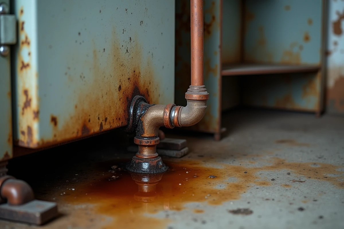 Détail d'une fuite de fioul autour des raccords d'une chaudière éteinte
