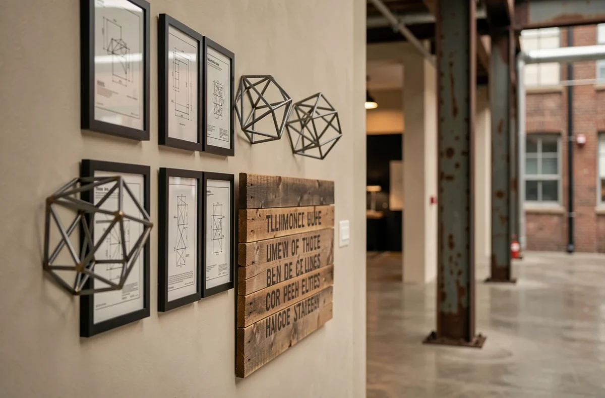 Galerie murale style loft industriel avec cadres noirs, sculptures en acier soudé et typographie sur bois recyclé