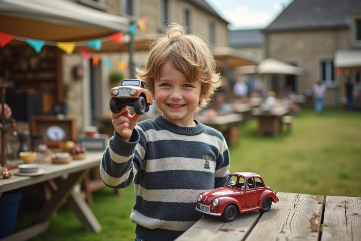 Jeune garçon tenant une voiture vintage lors d