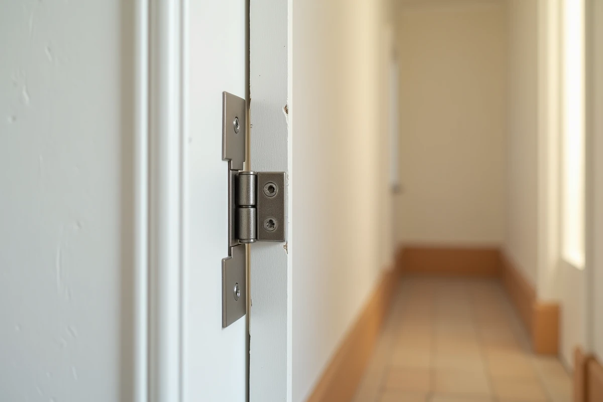 Gros plan sur un gond de porte intérieure sans vis révélant un défaut d'alignement après travaux de rénovation