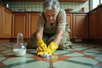 Grand-mère nettoyant un sol en lino avec du vinaigre blanc et du bicarbonate de soude dans une cuisine rétro