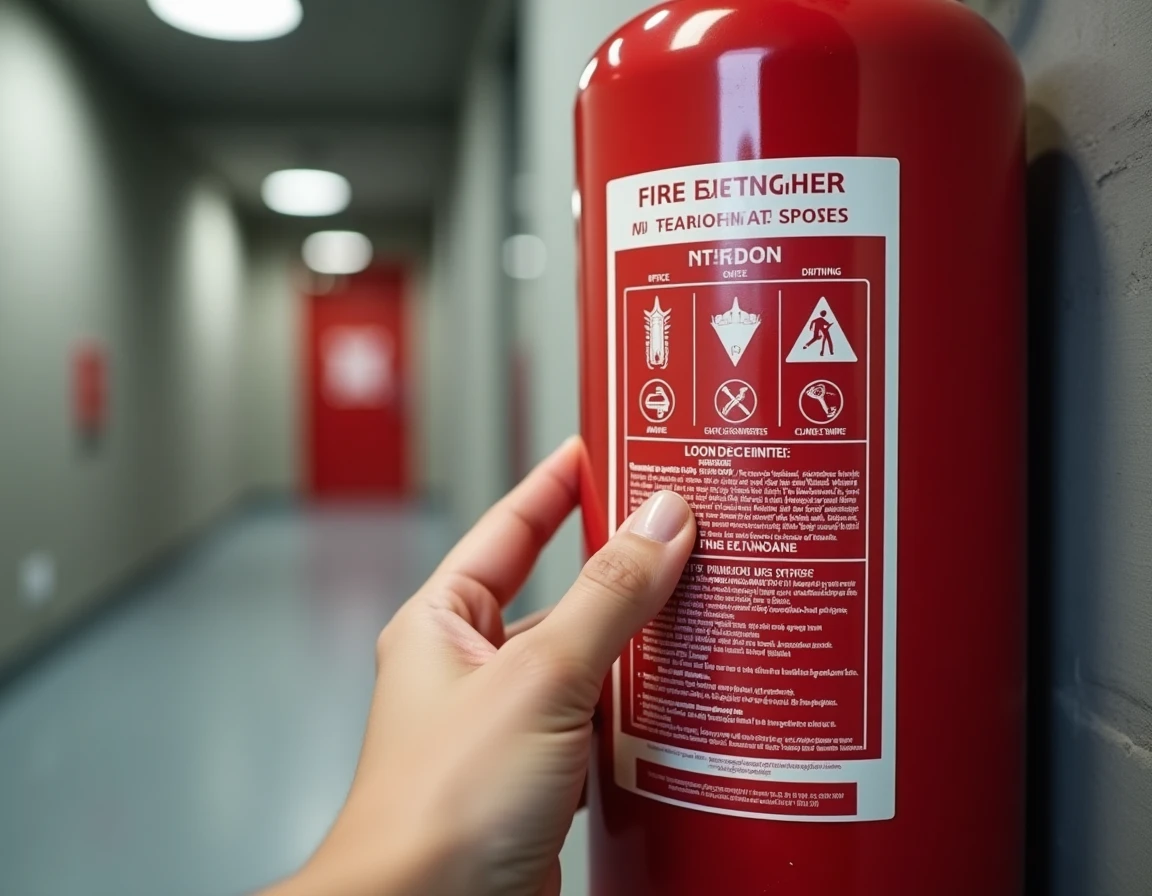 Gros plan sur l'étiquette de classification et les pictogrammes de sécurité d'un extincteur rouge