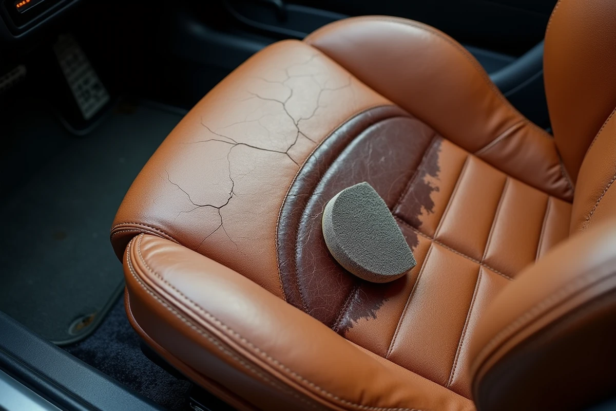 Gros plan sur la transformation d'un siège auto en cuir, montrant le contraste entre cuir vieilli et cuir fraîchement peint